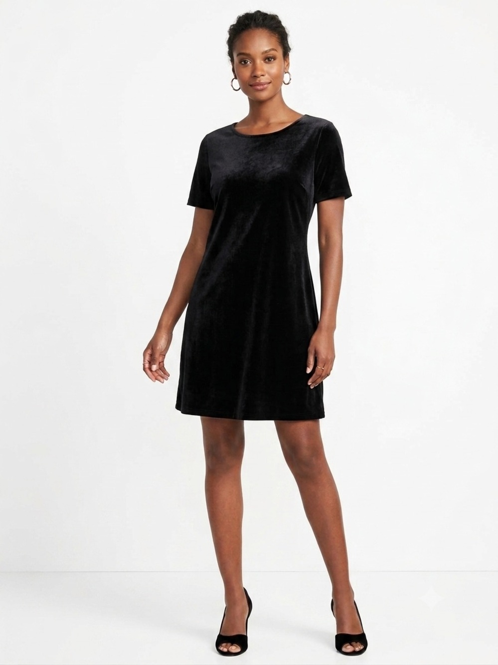 Worthington Black Velvet Short-Sleeve Shift Dress Stretchy